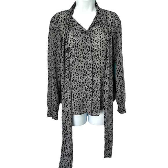 Michael Kors Black White Lettering Viscose Blend Tie-Neck Blouse size XS *GOOD* - Picture 5 of 12